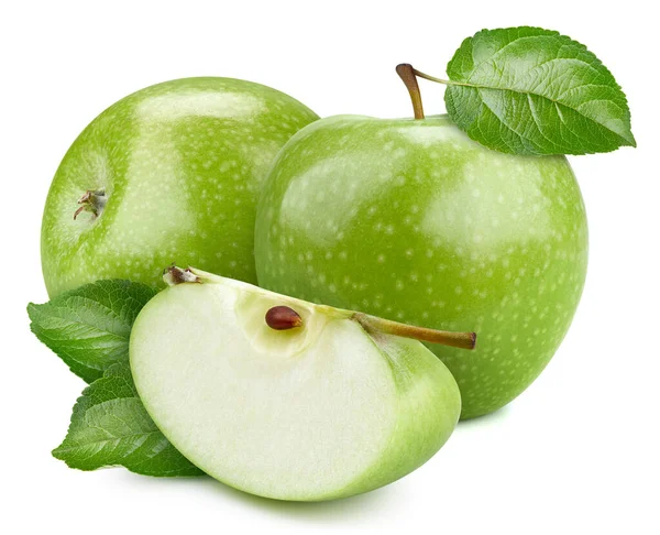 Zielone Jabłko Pokrojone Plasterki Białym Tle Ścieżką Wycinania — Zdjęcie stockowe
