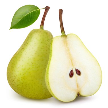 Armut Kırpma Yolu. Yeşil yapraklı olgun bir armut ve beyaz arka planda yarı izole. Armut makro stüdyo fotoğrafı