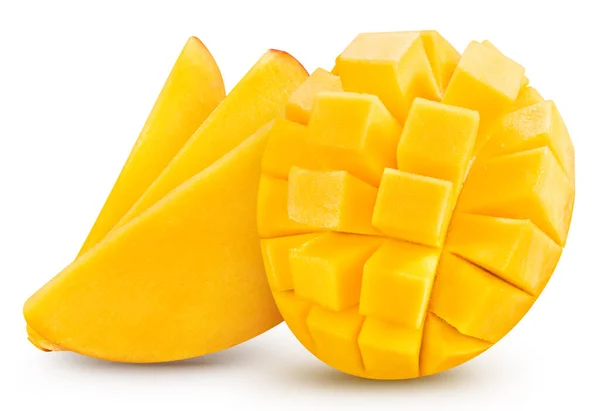 Zralé Celé Mango Plátek Izolované Bílém Pozadí Mango Makro Studio — Stock fotografie