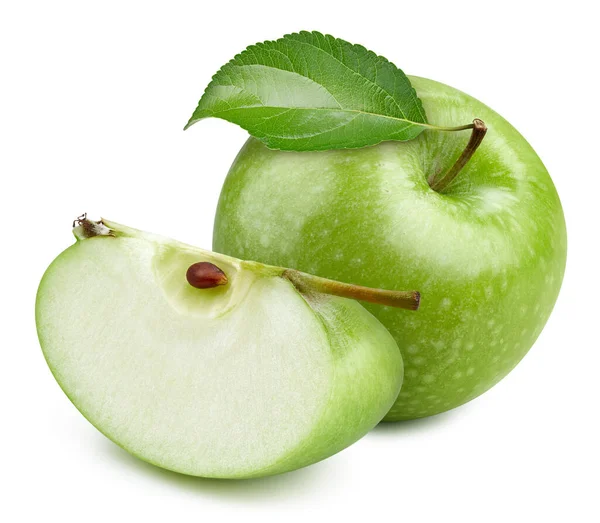 Reifer Grüner Apfel Mit Blatt Und Scheibe Isoliert Auf Weißem — Stockfoto