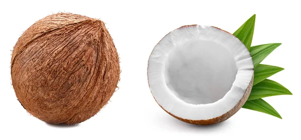 在白色背景上分离的有机椰子 用叶子尝椰子味 有快捷方式 — 图库照片