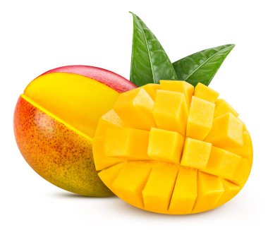 Isolated mango. Fresh organic mango with leaves isolated clipping path. Mango macro studio photo.