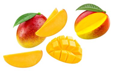 Mango ve yeşil yapraklar beyaz arka planda izole edilmiş. Mango yolu kırpılıyor. Mango makro stüdyo fotoğrafı