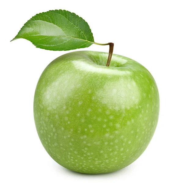 Zelená Jablečná Stopa Zralé Celé Jablko Listy Izolovanými Bílém Pozadí — Stock fotografie
