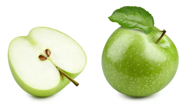 Pomme Verte Tranchée Isolée Sur Fond Blanc Avec Chemin Coupe — Photo