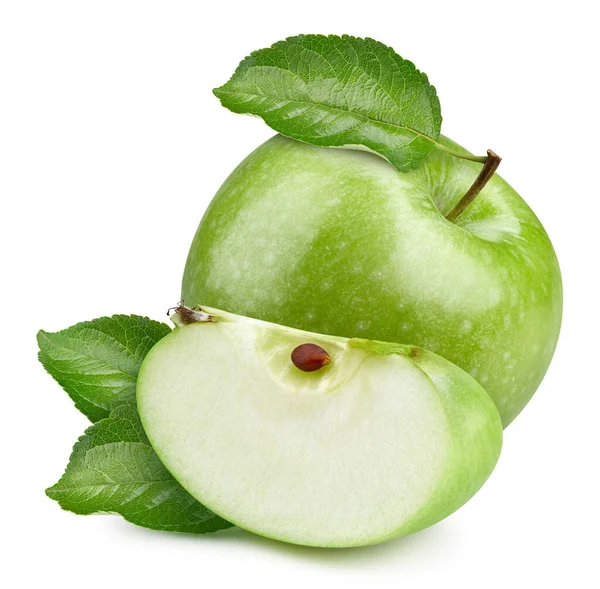 Färskt Grönt Äpple Med Grönt Löv Och Skivad Isolerad Vit — Stockfoto