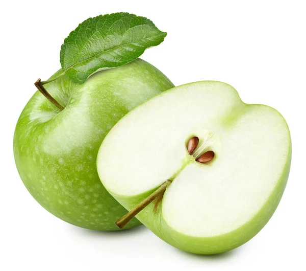 Grüner Apfel Mit Blättern Grüner Apfel Auf Weiß Volle Tiefenschärfe — Stockfoto