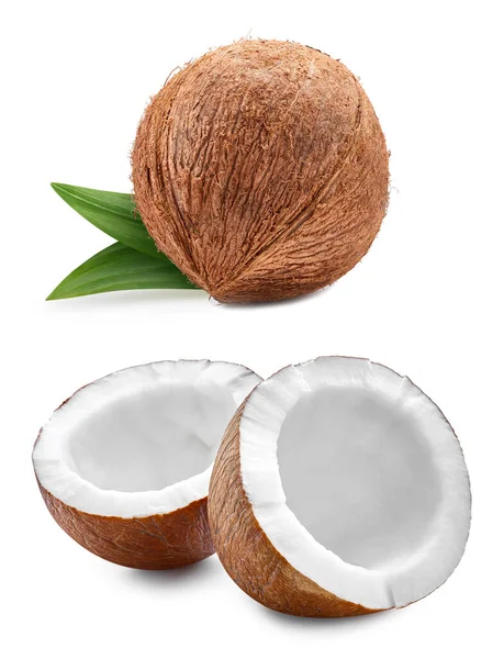 Kokosnuss Und Grüne Blätter Isoliert Auf Weißem Hintergrund Schneideweg Kokosnuss — Stockfoto