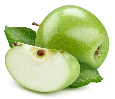 Beyaz arka planda yaprakları olan yeşil elmalar. Kırpma yolu olan elma.