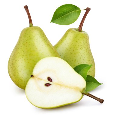 Armut, beyaz arka planda izole edilmiş. Yapraklı armut yarısı. Patika armudu kırpılıyor. Armut makro stüdyo fotoğrafı