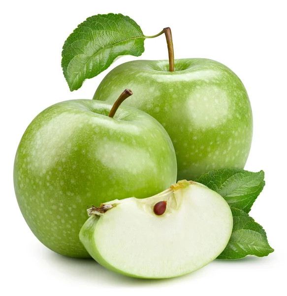 Grüne Äpfel Schneiden Weg Äpfel Isoliert Auf Weißem Hintergrund Makroaufnahmen — Stockfoto