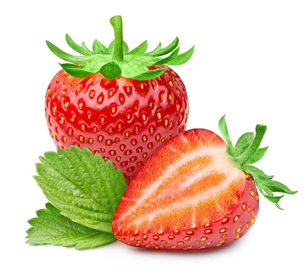 Erdbeere Mit Grünem Blattschneideweg Bio Frische Erdbeere Isoliert Auf Weiß — Stockfoto