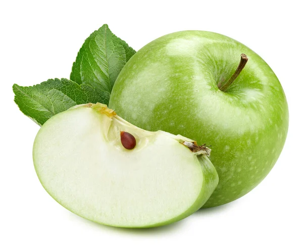 Mogna Gröna Äpplen Med Blad Och Skiva Isolerad Vit Bakgrund — Stockfoto