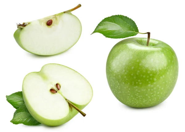 Зеленое Яблоко Изолировать Яблоки Белом Фоне Целый Половина Зеленый Яблочный — стоковое фото