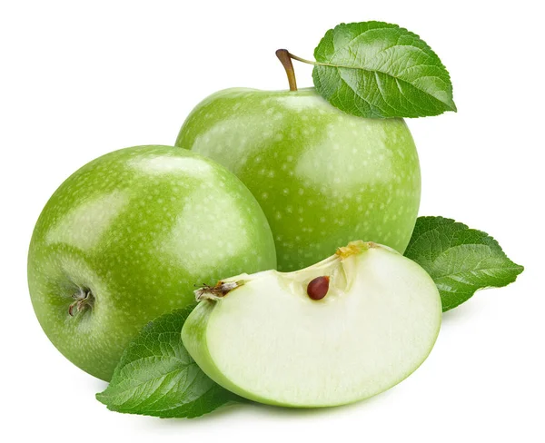Pomme Verte Fraîche Avec Feuille Verte Tranchée Isolée Sur Fond — Photo