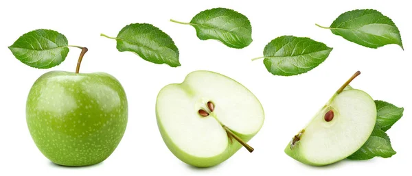 Σετ Από Πράσινα Μήλα Φύλλα Λευκό Φόντο Μήλο Διαδρομή Αποκοπής — Φωτογραφία Αρχείου