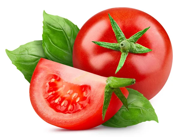 Tomate Aislado Sobre Fondo Blanco Tomate Con Hoja Albahaca Tomate — Foto de Stock