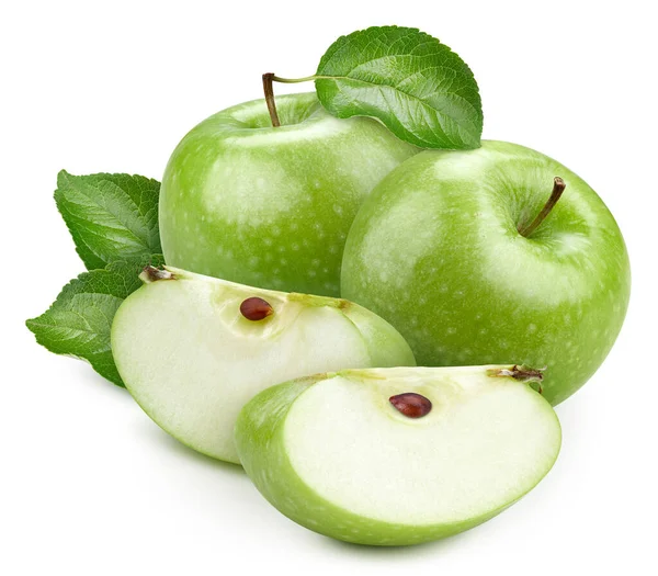 Πράσινο Μήλο Πράσινο Φύλλο Και Κομμένο Μισή Φέτα Που Απομονώνεται — Φωτογραφία Αρχείου