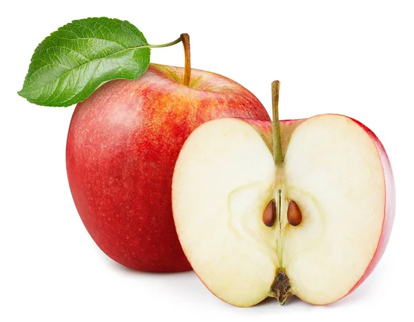 Kırmızı Elma Kesme Yolu Olgun Yeşil Yapraklı Beyaz Arka Planda — Stok fotoğraf