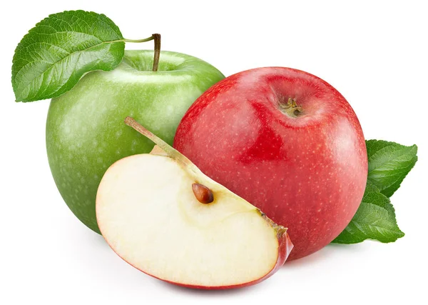 Κόκκινα Και Πράσινα Μήλα Λευκό Φόντο Κόβω Μήλα Μονοπατιών Μήλα — Φωτογραφία Αρχείου
