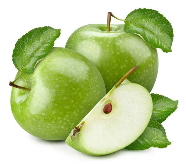 Grüner Apfel Mit Blättern Grüner Apfel Auf Weiß Volle Tiefenschärfe — Stockfoto