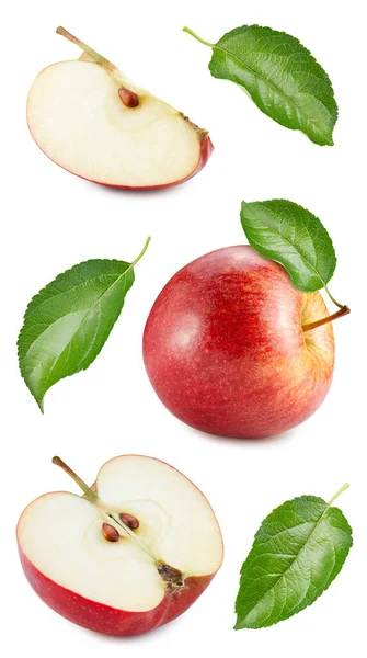 Świeże Czerwone Jabłko Całości Przeciąć Pół Liści Izolowanych Białym Tle — Zdjęcie stockowe