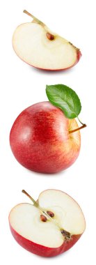 Sapında yapraklar olan güzel kırmızı elmalar. Tasarımın için elmalar. Kırmızı elma kırpma yolu