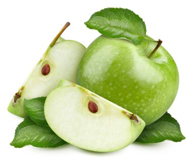 Yapraklı yeşil elma. Beyaz üzerine yeşil elma. Tam alan derinliği. kırpma yolu ile