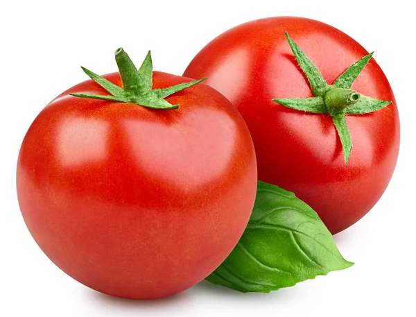 Rajče Izolované Bílém Pozadí Rajče Bazalkovým Listem Fotografie Studio Tomato — Stock fotografie