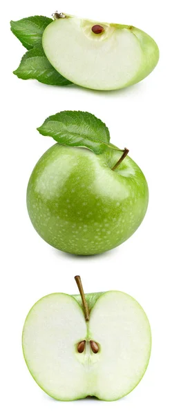 Aislamiento Manzana Verde Manzanas Sobre Fondo Blanco Entero Medio Rodaja — Foto de Stock