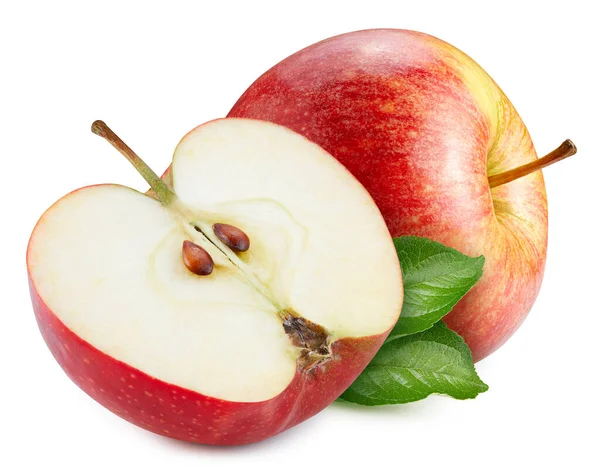 Κόκκινο Μήλο Κόβει Δρόμο Ωρίμασε Ολόκληρο Μήλο Πράσινο Φύλλο Και — Φωτογραφία Αρχείου