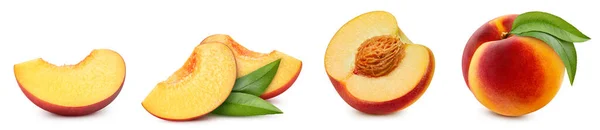 Peach Slices Collection Leaves Isolated White Background Peach Clipping Path — Stock Photo, Image