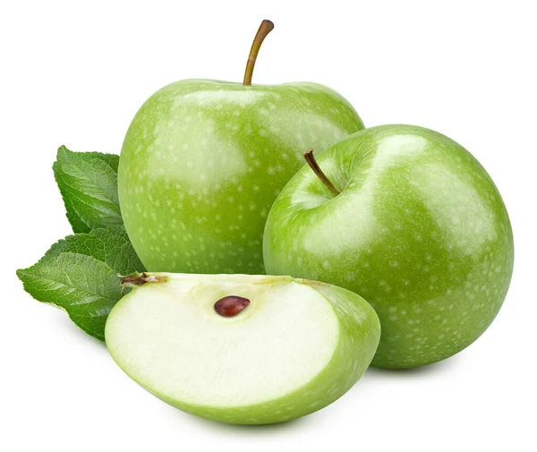 Pomme Verte Fraîche Avec Feuille Verte Tranchée Isolée Sur Fond — Photo