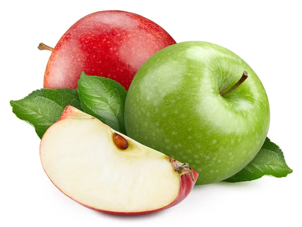 Ωριμότητα Πράσινο Μήλο Και Κόκκινο Μήλο Φύλλο Και Φέτα Απομονώνονται — Φωτογραφία Αρχείου