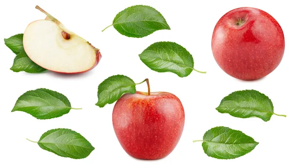白い背景に葉を持つ赤いリンゴのセット クリッピングパスを持つApple — ストック写真