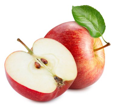 Sapında yapraklar olan güzel kırmızı elmalar. Tasarımın için elmalar. Kırmızı elma kırpma yolu