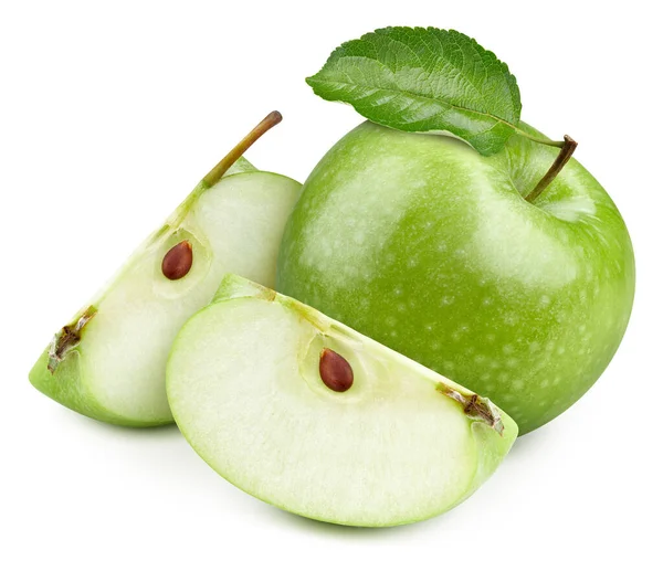 Grönt Äpple Med Blad Grönt Äpple Vitt Full Skärpedjup Med — Stockfoto