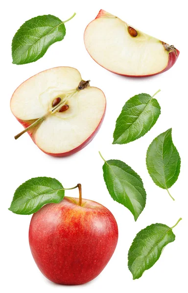 Set Red Apples Leaves White Background Apple Clipping Path — Stock Photo, Image