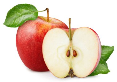 Sapında yapraklar olan güzel kırmızı elmalar. Tasarımın için elmalar. Kırmızı elma kırpma yolu