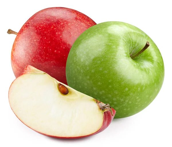 Ωρίμανση Πράσινο Μήλο Και Κόκκινο Μήλο Και Φέτα Απομονώνονται Λευκό — Φωτογραφία Αρχείου