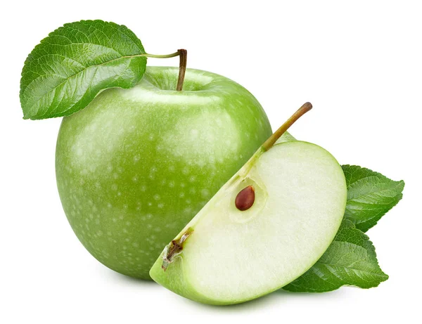 成熟的青苹果叶和孤立与剪切路径的白色背景上的切片 — 图库照片