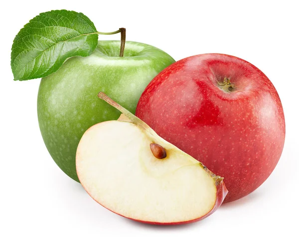 成熟的绿色苹果和红色苹果 叶和片在白色背景上隔离 有切割路径 — 图库照片
