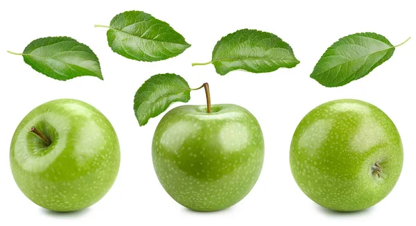 Σετ Από Πράσινα Μήλα Φύλλα Λευκό Φόντο Μήλο Διαδρομή Αποκοπής — Φωτογραφία Αρχείου