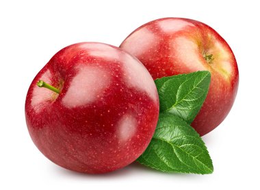 Kırmızı Elma Kırpma Yolu. Yeşil yapraklı elma beyaz arka planda izole edilmiş. Red Apple makro stüdyo fotoğrafı