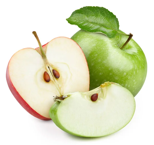 Zralé Zelené Jablko Červené Jablko Listem Plátek Izolované Bílém Pozadí — Stock fotografie