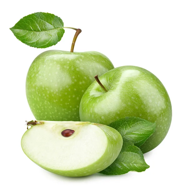 Färskt Grönt Äpple Med Grönt Löv Och Skivad Isolerad Vit — Stockfoto