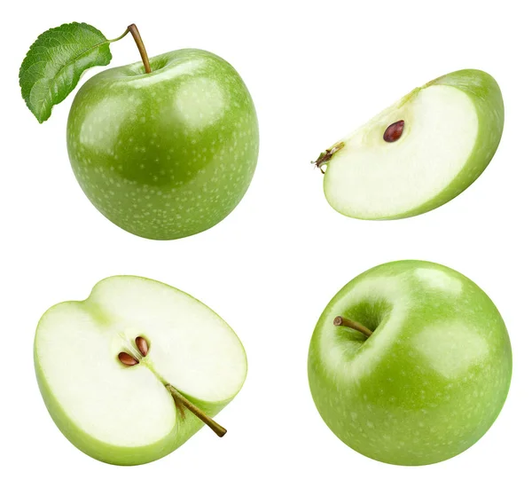 Zelené Jablko Zeleným Listem Nakrájené Půl Plátek Izolovaný Bílém Pozadí — Stock fotografie
