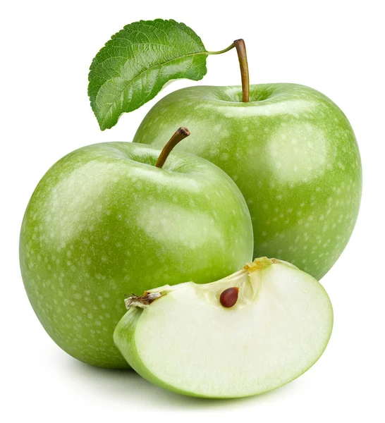 Πράσινο Μήλο Μισό Και Πράσινα Φύλλα Που Απομονώνονται Λευκό Φόντο — Φωτογραφία Αρχείου