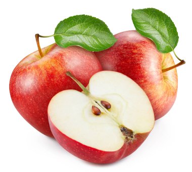 Yeşil yapraklı kırmızı elma kesme yolu. Beyaz üzerine izole edilmiş organik taze elma. Tam alan derinliği