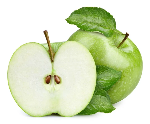 Jedno Zielone Jabłko Pół Kawałka Odizolowane Białym Tle Ścieżką Wycinania Obraz Stockowy
